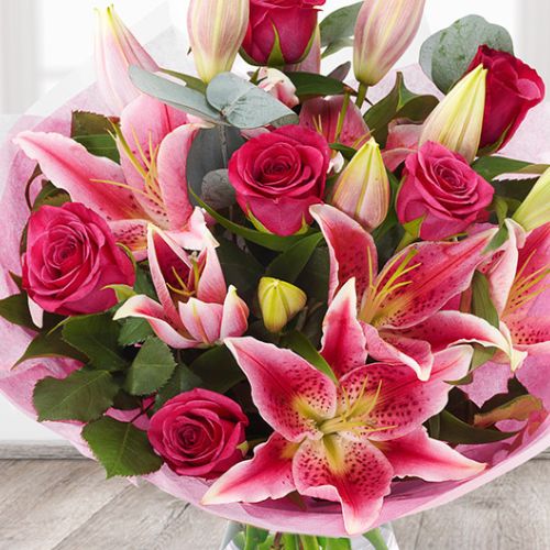 Pink Rose and Lily Bouquet 2 Pink Rose and Lily Bouquet - Image 2