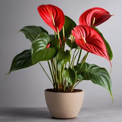 Red anthurium plant in striped pot delivery UK – Next Day Delivery