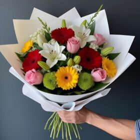 Roses, Gerbera , Lilies Spring Flower Bouquet