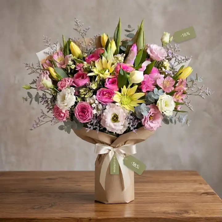 Blushing Sunshine Bouquet: Pink Roses & Yellow Tulips 1 A vibrant flower bouquet tulips and roses featuring delicate pink petals and bright yellow blooms.