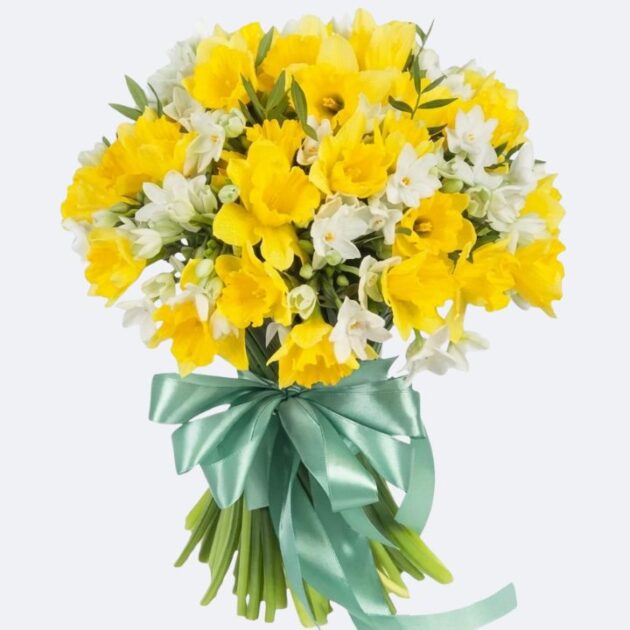 Handcrafted White Freesia and Yellow Narcissus Flower Bouquet 1 A handcrafted white Freesia flower bouquet elegantly paired with vibrant yellow narcissus.