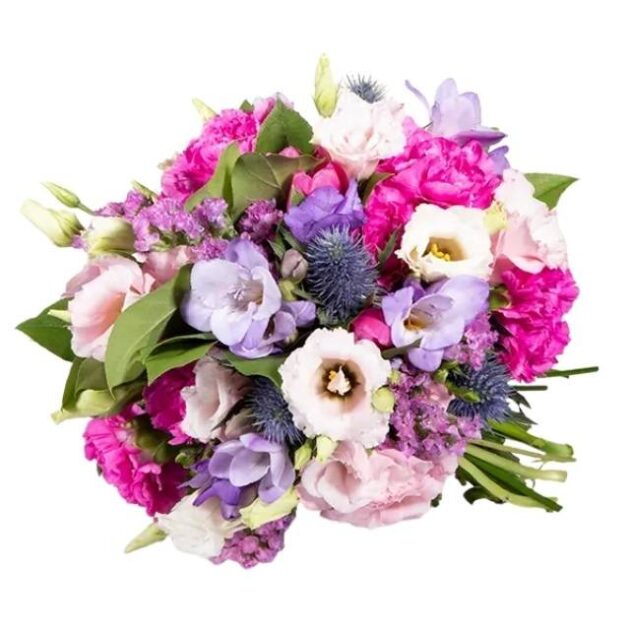 Luxury Purple Freesia and Carnation Bouquet 1 A hand-tied, luxury Freesia and Carnation Bouquet featuring deep purple freesia, magenta carnations, and mixed complementary blooms.