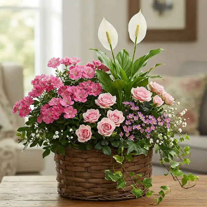 Enchanted Garden Mixed Flower Pot Arrangement 1 A rustic basket holding mixed flower pot arrangements featuring pink roses, white peace lilies, and green ivy.