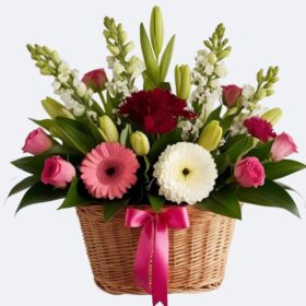 Rose, Gerbera and Tulips Basket Arrangement
