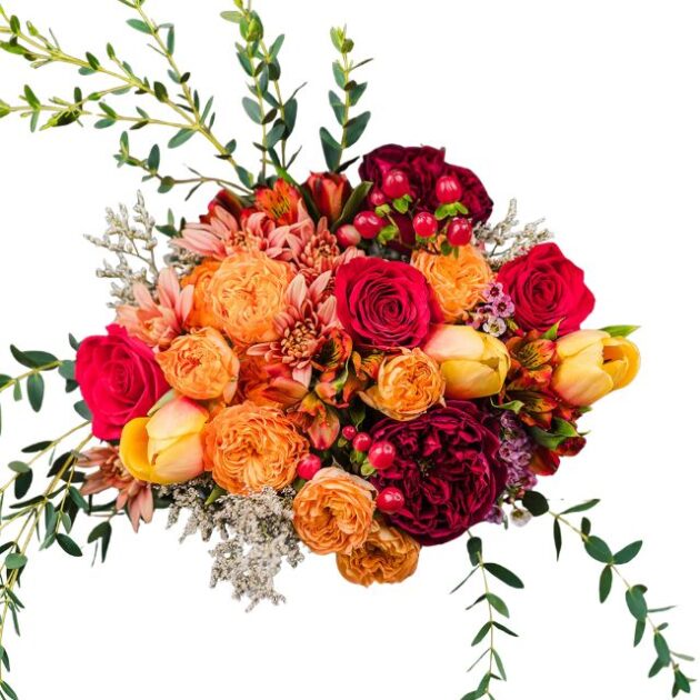 Roses, Tulips, Chrysanthemums Mix Flower Bouquet 1 Orange Pink Red Flower Bouquet Delivery