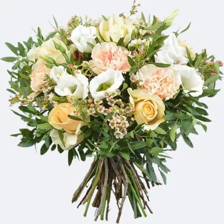 Peach Champagne: Roses and Lisianthus Luxury Bouquet 1 A luxurious Peach Champagne roses and lisianthus bouquet arranged with fresh greenery in a stylish wrap.