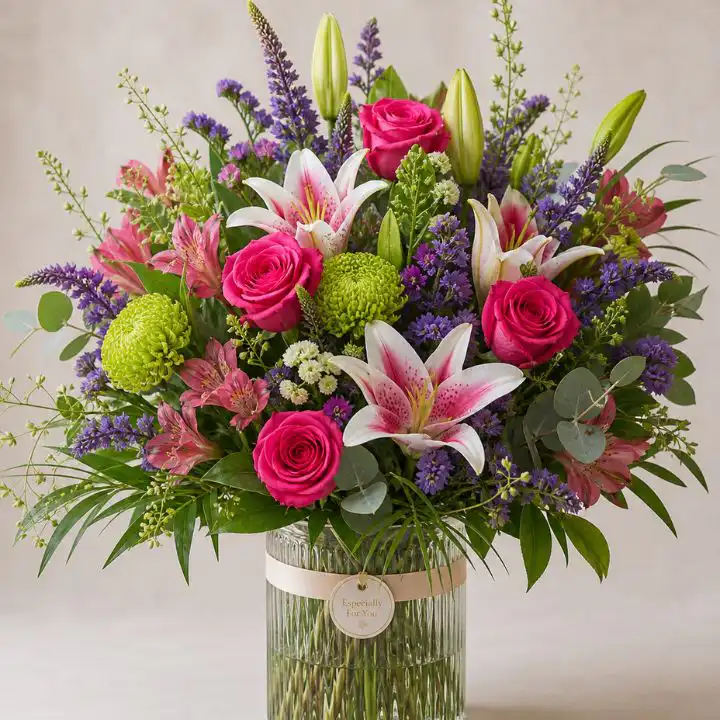 Radiant Bloom: Luxe Roses and Lilies Vase Arrangement 1 roses and lilies vase