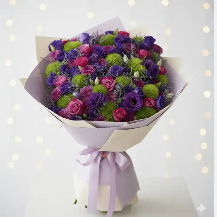 Royal Purple Lisianthus Bouquet 1 A lush purple lisianthus bouquet mixed with magenta roses and lime green dianthus in premium paper wrapping.