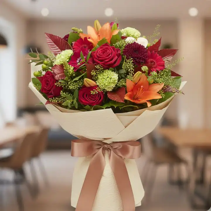 Rustic Lilies & Roses Hand-Tied Bouquet 1 A hand-tied lilies and roses bouquet with red roses and orange lilies wrapped in cream textured paper.
