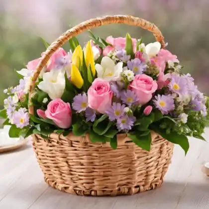 A handcrafted Spring Flower Basket overflowing with pink roses, yellow tulips, and fragrant white freesias.
