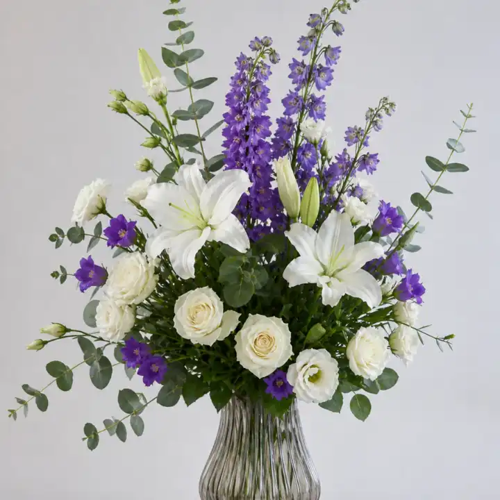 Serene Grace: Lily & Delphinium Sympathy Vase 1 sympathy flowers with vase delivery