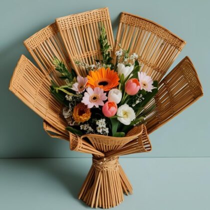 Wicker flower bouquet For Easter day – vibrant spring flowers in a rustic basket, perfect for Easter celebrations.