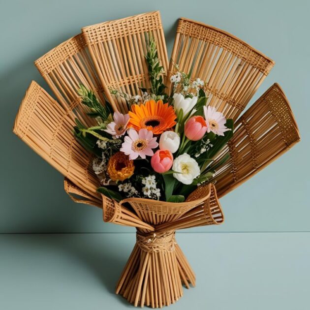Woven wrap flower bouquet 1 Wicker flower bouquet For Easter day – vibrant spring flowers in a rustic basket, perfect for Easter celebrations.