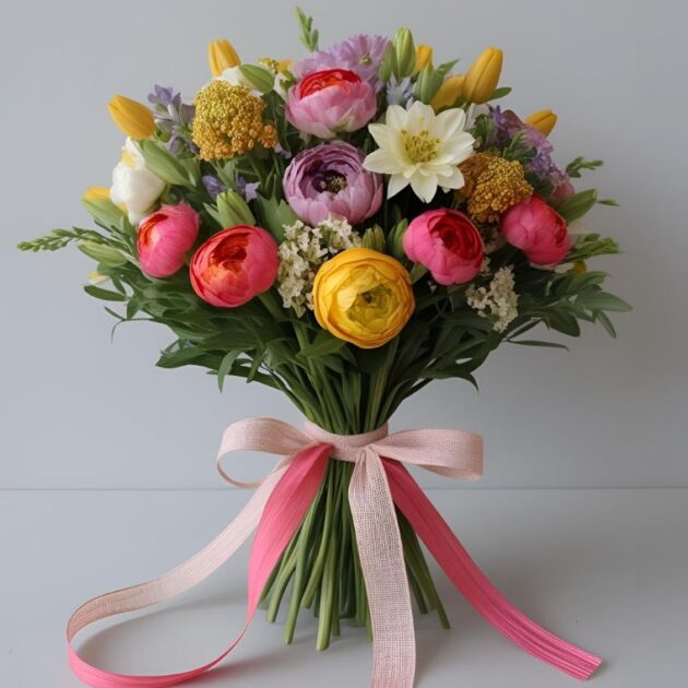 Vibrant Garden Symphony Bouquet 1 Easter Ranunculus Bouquet featuring vibrant spring flowers for Easter celebration.