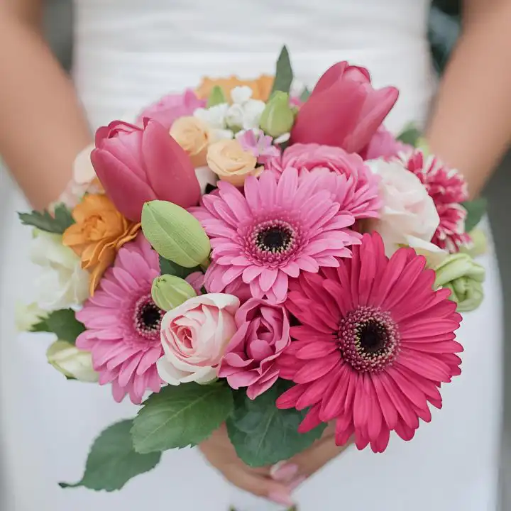 Pink Ranunculus, Tulip and Gerbera Bouquet for Bridal 1 Close-up of a stunning Pink Ranunculus Bridal Bouquet featuring vibrant pink gerbera daisies, pink tulips, and delicate ranunculus, perfect for a wedding.