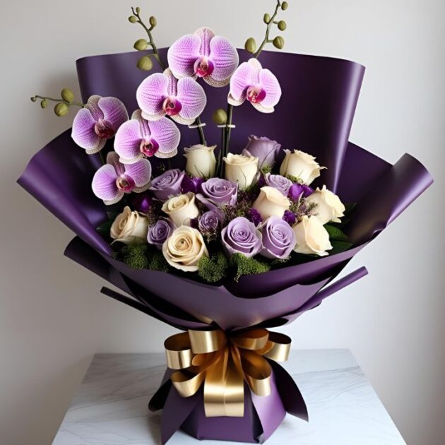 Purple Orchid and Rose Bouquet Delivery UK – Handcrafted Elegant Floral Gift