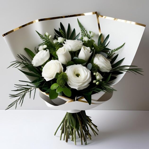 White Rose and Gerbera Bouquet arranged with fresh, hand-tied blooms