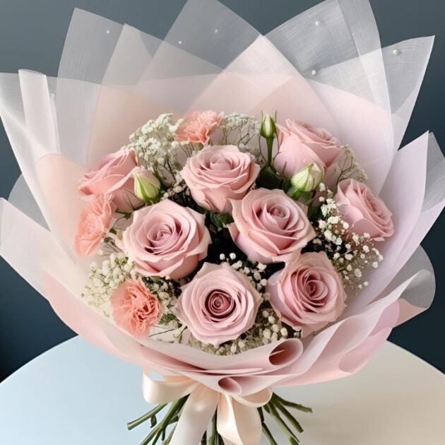 Pink Roses and Carnations Bouquet 1 Pink Roses and Carnations Hand-Tied Bouquet with lush green foliage