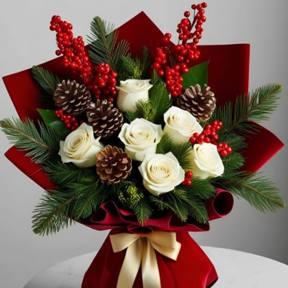 White Rose Christmas Bouquet with festive greenery and hand-tied white roses