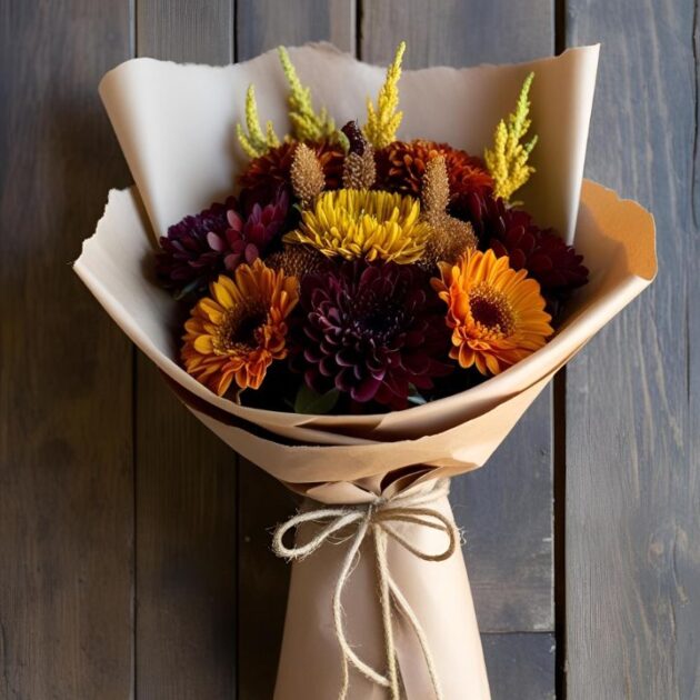 Orange Burgundy Yellow Gerbera Bouquet arranged with vibrant gerberas and lush greenery