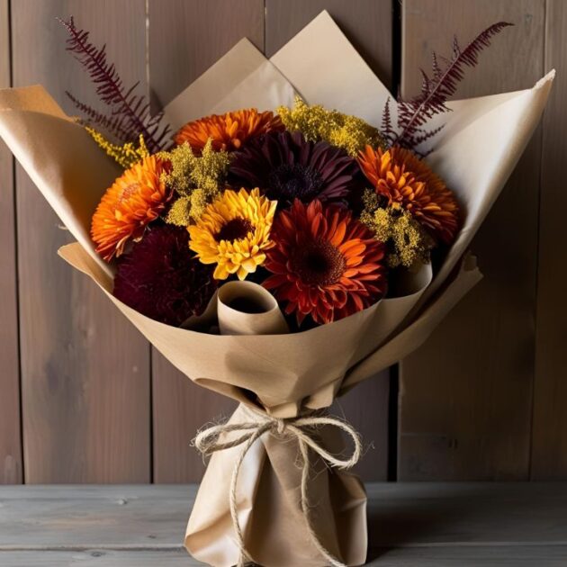 Orange Burgundy Yellow Gerbera Bouquet with fresh green foliage