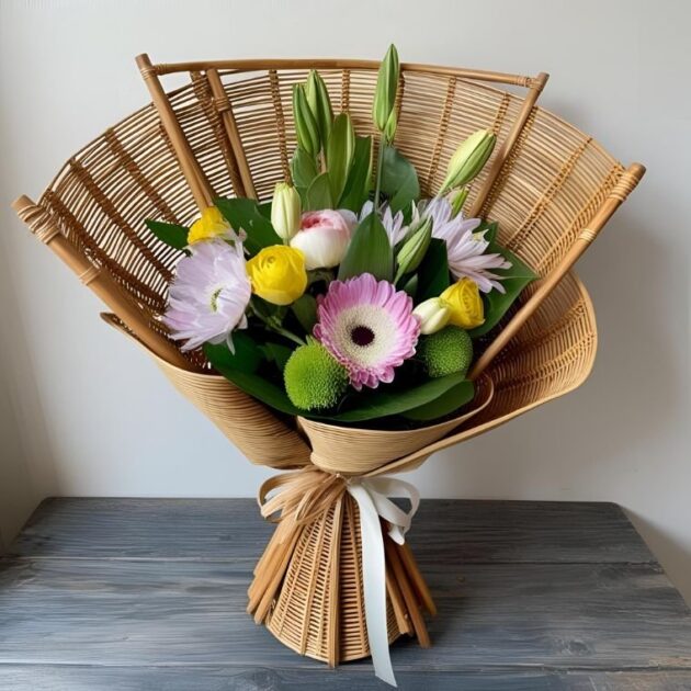Celestial Flower Bouquet 1 Hand-tied luxury white poinsettia christmas tree bouquet featuring pink, yellow, and white fresh blooms in a unique rattan fan wrap.