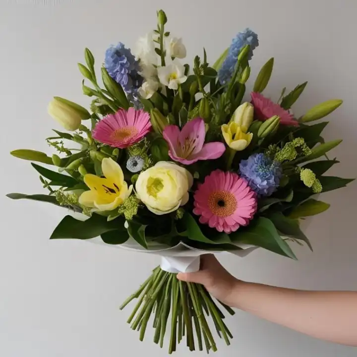 The Radiant Sunburst Bouquet 1 A vibrant gerbera and lily bouquet arranged with fresh greenery in a decorative wrap.