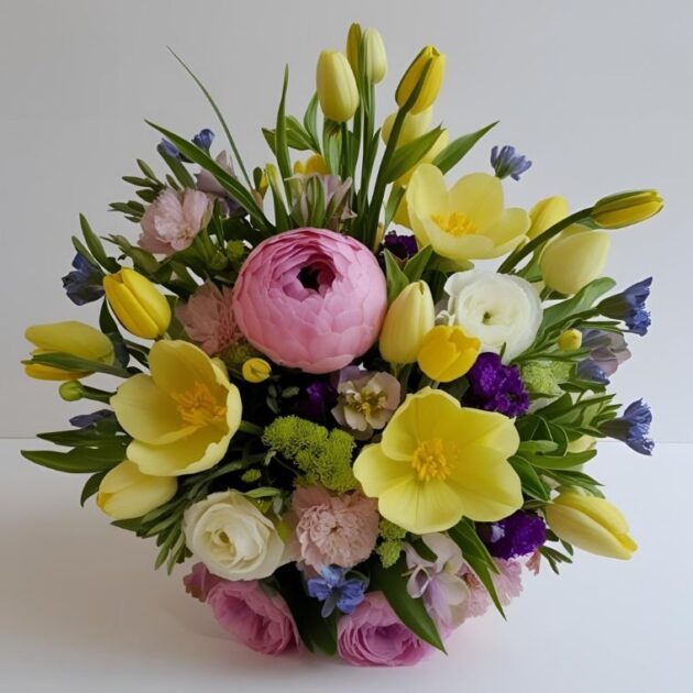 Luxury Peony & Yellow Tulip Spring Bouquet 1 A vibrant Tulip and Peony Bouquet featuring fresh yellow tulips, pink peonies, and purple accents in a luxury arrangement.