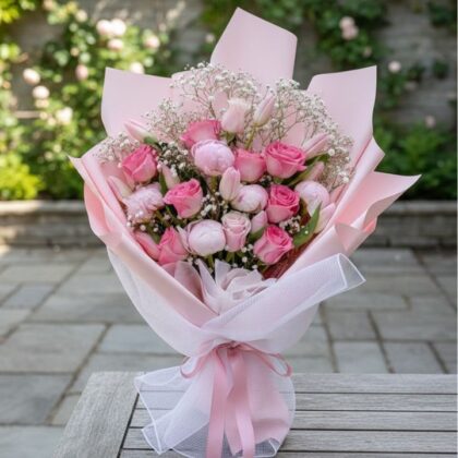Peonies and Tulips Bouquet with pink and white flowers for a bridal gift