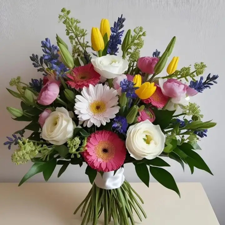 Radiant Peony and Tulip Bouquet 1 A stunning peony and tulip bridal bouquet with soft pink blooms and lush greenery for a romantic wedding ceremony.