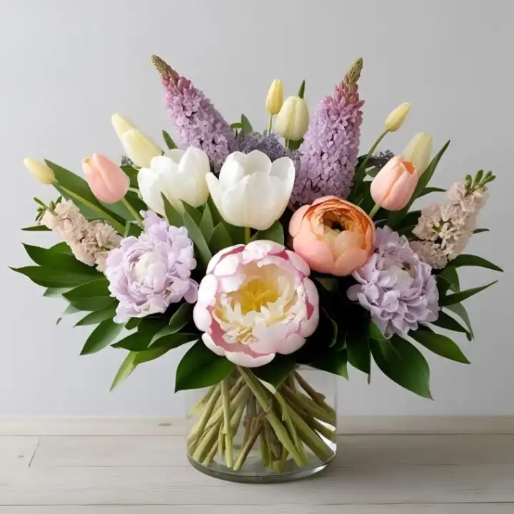 The Pastel Peony & Tulips Masterpiece 1 A hand-held peony tulips bouquet featuring soft pink and white ruffled petals with green foliage.
