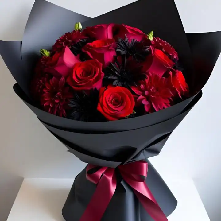 Luxury Red Rose Bouquet With Black Wrap 1 Stunning red roses wrapped in sleek black paper – perfect for any special occasion.
