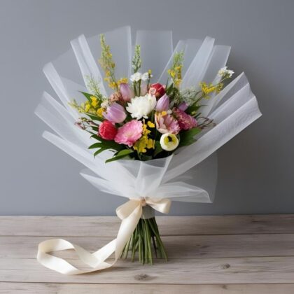 Tulle-Wrapped Tulip Bouquet featuring multi-colored fresh seasonal flowers for autumn