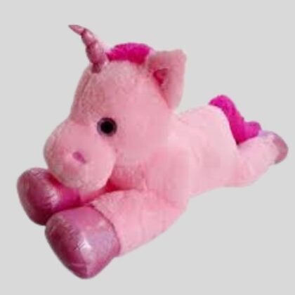 This is a Giant Unicorn Teddy Bear plush toy in pink, lying down. It features a bright pink mane, tail, and shimmering hooves, making it an ideal large stuffed animal gift for birthdays or holidays.