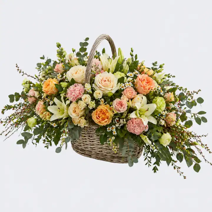 Rustic Peach Wicker Basket Funeral Flower 1 Basket Flower Arrangement for Funeral