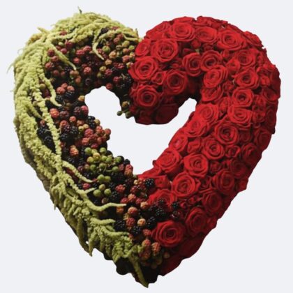 Broken Heart Funeral Flowers arrangement featuring a striking contrast of deep red roses and green foliage, offering a profound sympathy tribute.