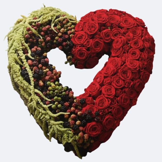 Broken Heart Funeral Flowers arrangement featuring a striking contrast of deep red roses and green foliage, offering a profound sympathy tribute.