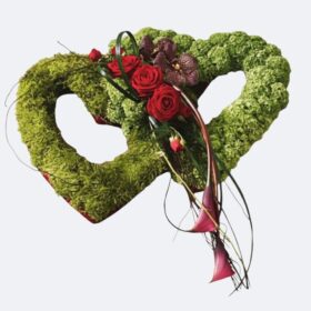 Moss Green and Red Rose Entwined Hearts Tribute