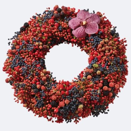Autumn Berry Wreath crafted from a diverse mix of vibrant red and deep blue berries, accented with a single striking magenta Phalaenopsis orchid, suitable for luxury seasonal home decoration.