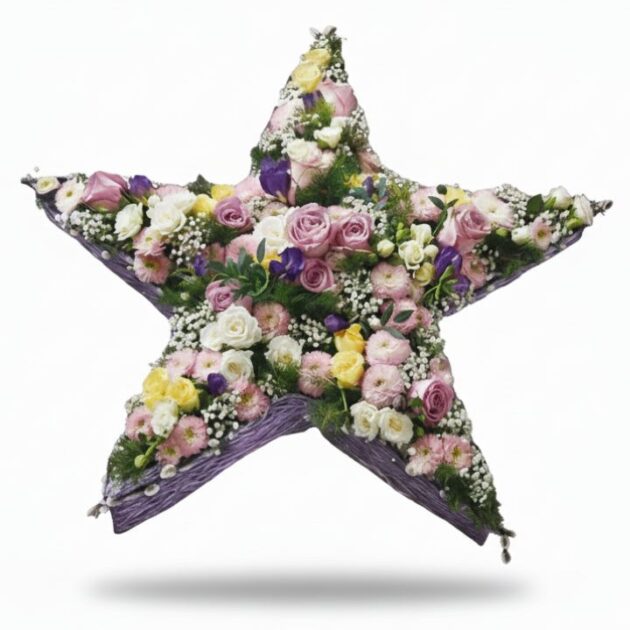 Rose and Carnation Star Floral Tribute 1 Elegant star funeral flowers arrangement featuring light pink roses, white carnations, and lilac accents, designed as a beautiful sympathy tribute.