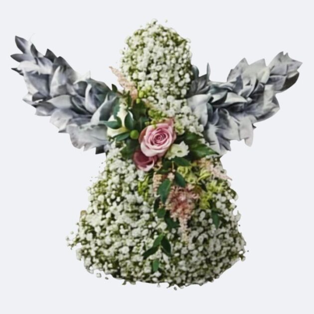 Miniature angel flower tribute 1 Miniature Angel Flower Tribute featuring white blossoms and silvery-green foliage for a peaceful sympathy arrangement.