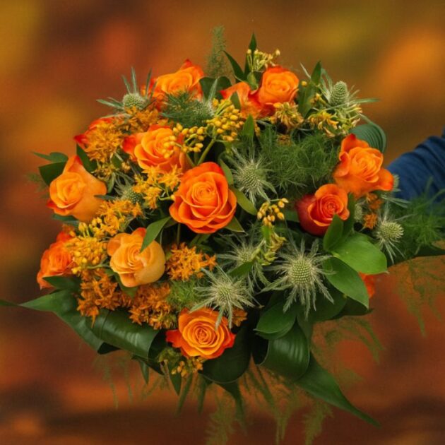 Autumn Roses Hand Tied 1 A vibrant bouquet of deep orange Autumn Roses Hand Tied with thistle and yellow accents, set against a blurred background of fall colors.