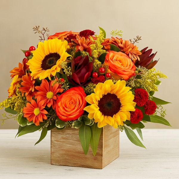 Autumn Box Arrangement 1 A stunning floral autumn box arrangement featuring deep red, orange, and yellow seasonal flowers with pine cones in a rustic wooden box.