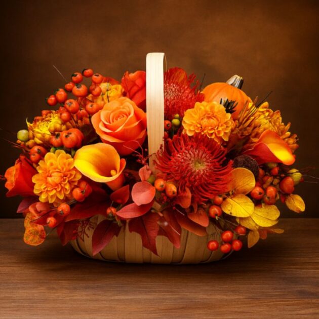 Autumn Fields Basket Arrangement 1 A vibrant, rustic Autumn fields basket arrangement featuring orange roses, calla lilies, chrysanthemums, protea, berries, and mini pumpkins.