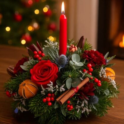 A festive Christmas cracker floral candle arrangement, featuring red roses, gold accents, winter foliage, and a decorative cracker.