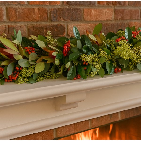Christmas garland for fireplace mantel 1 Premium artificial Christmas garland for fireplace mantel, featuring vibrant red berries and mixed evergreen leaves over a white mantle.