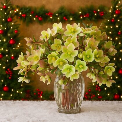 A glass vase containing unique light green Hellebores, part of a festive display with pine garland and holiday lights.