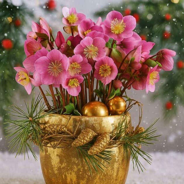 Christmas hellebores arrangement 1 A luxurious gold pot containing vibrant pink Hellebores, decorated with gold pine cones and pine needles, ideal for Christmas floral arrangements for delivery.