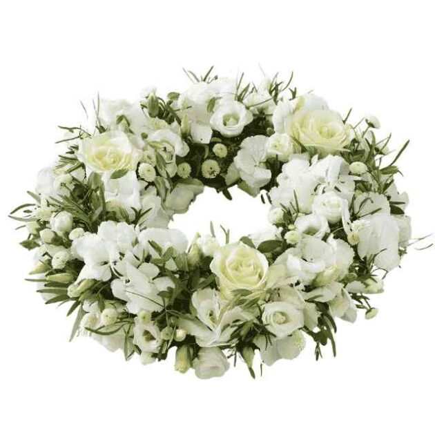 white floral wreath with roses and greenery