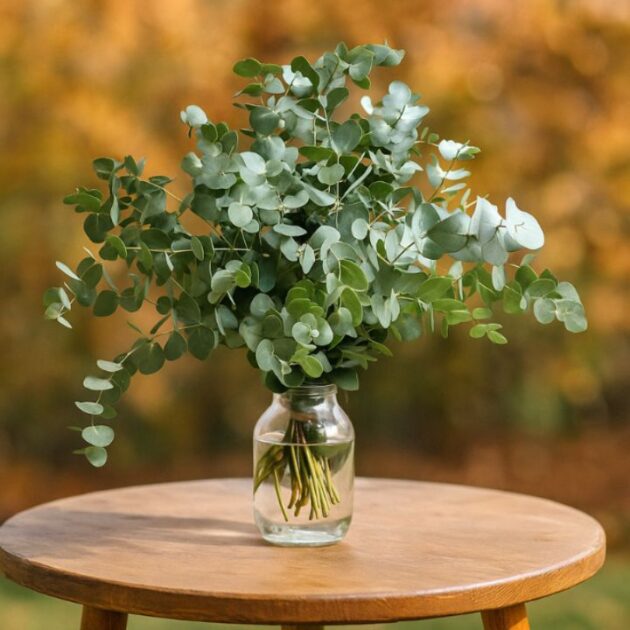 Eucalyptus arrange at home 1 A bountiful, refreshing Large eucalyptus arrangement in vase made of silvery-green leaves, displayed on a wooden outdoor table with a blurred autumn background.